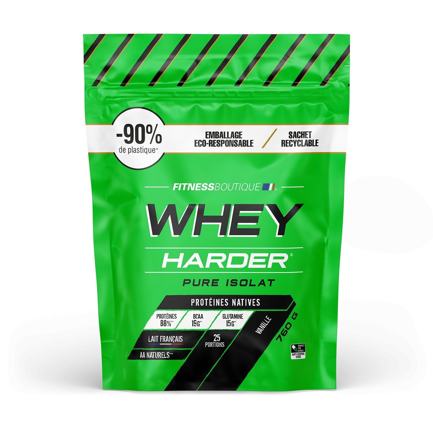 Pochette verte de whey protéine "WHEY HARDER" FitnessBoutique, emballage recyclable, détails nutritionnels et 750 g.