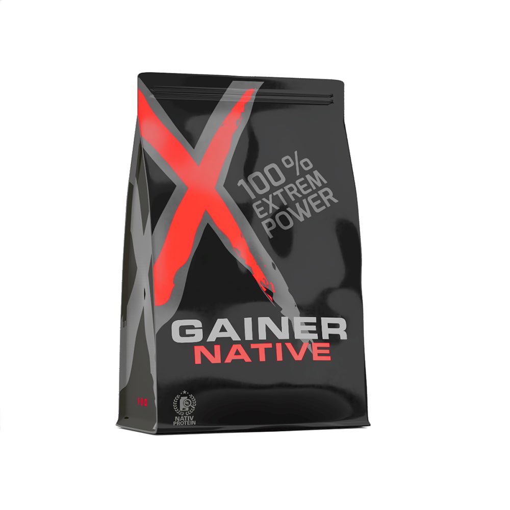 Sac d’également coloré de protéine en poudre Gainer Native noir avec grand X rouge et texte “100% Extreme Power” et logos en bas.