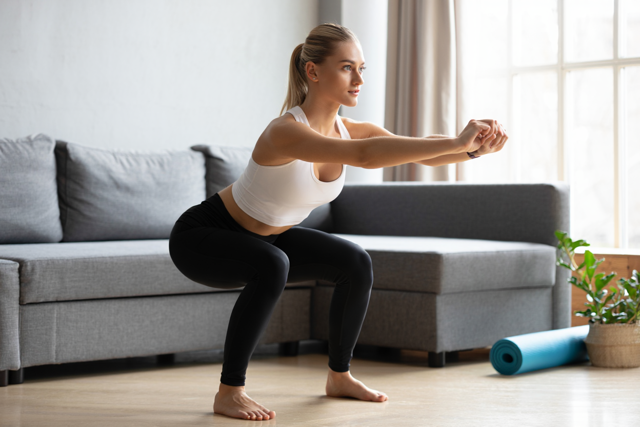 Femme effectuant un squat classique à la maison