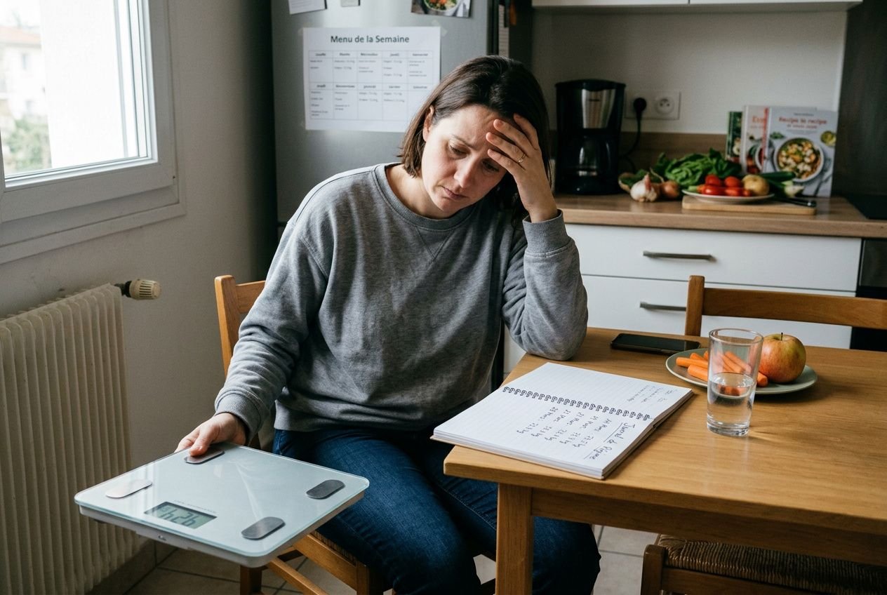 Femme assise à la table de cuisine, visage préoccupé, posant une balance sur ses genoux et notant dans un carnet; contexte de blocage perte de poids.