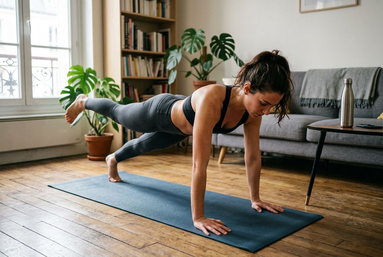 Femme effectuant une planche avec une jambe levée sur tapis de yoga à la maison, intérieur lumineux et plantes vertes.
