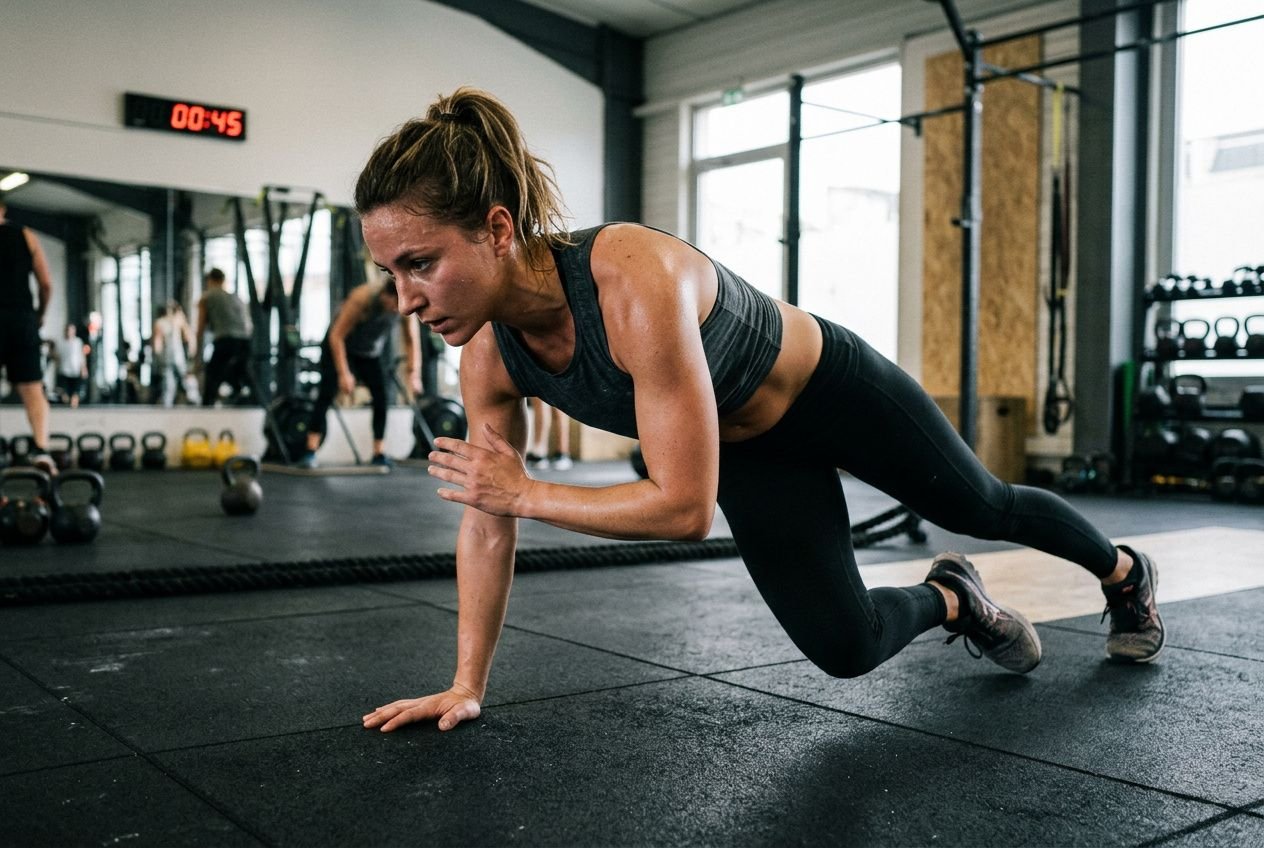 Femme en entraînement sur le tapis, effectuant un exercice au sol pour perdre du ventre rapidement exercice, dans une salle de sport.