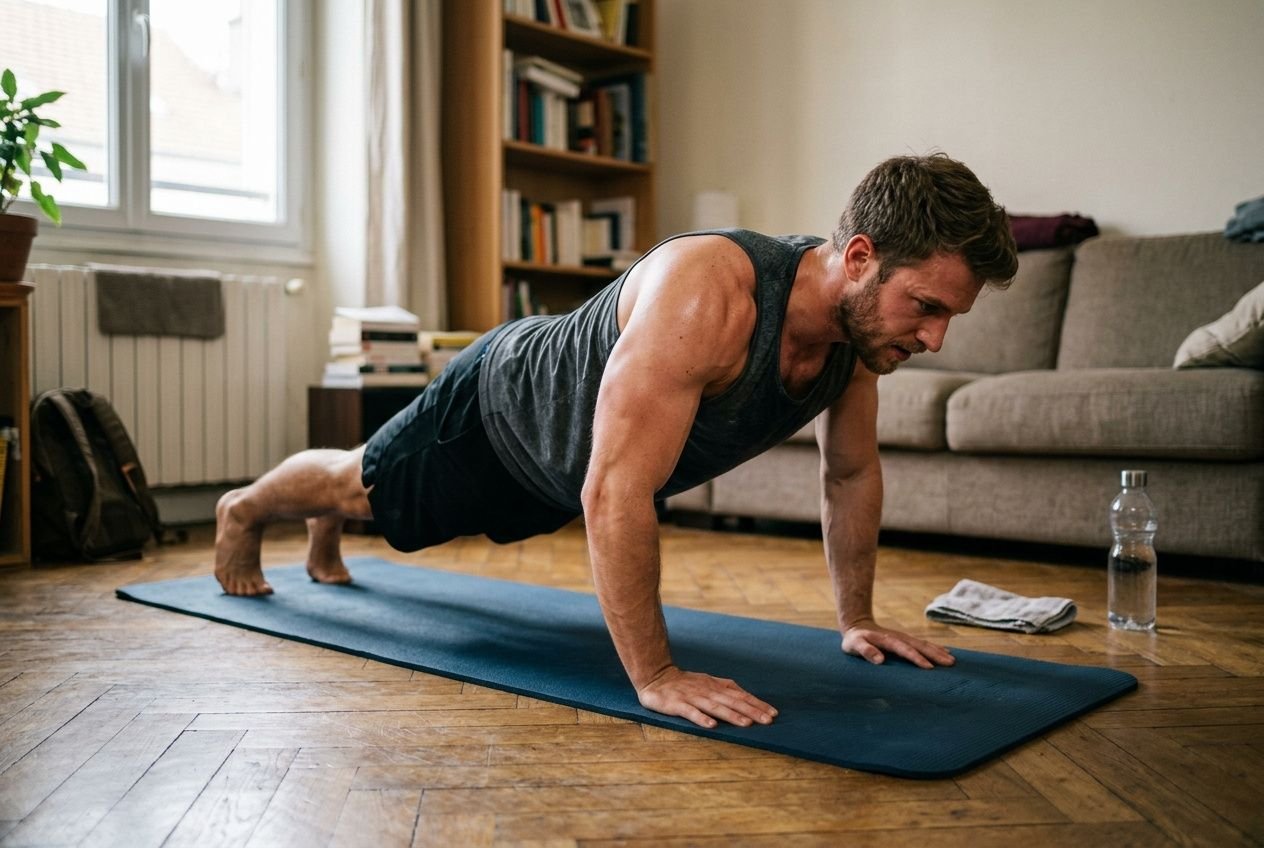 Homme en effort sur tapis de yoga à domicile, effectuant des pompes dans un salon, près d’une bouteille d’eau et d’un livre. Programme musculation prise de masse maison sans matériel.