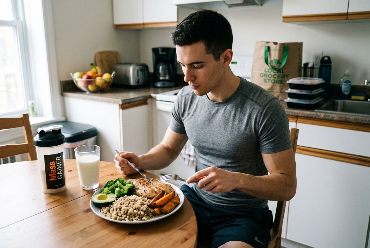 Homme jeune, en t-shirt gris, mangeant un repas riche en protéines et glucides dans une cuisine, avec un shaker “Mass Gainer” à côté et des légumes sur l’assiette. Évoque l’ectomorphe prise de masse alimentation.