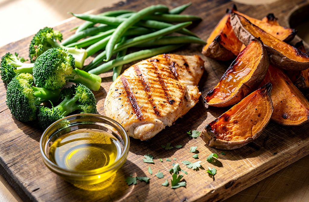 Poulet grillé accompagné de brocolis et haricots verts, avec des quartiers de patates douces rôties et une petite coupelle d’huile d’olive sur planche en bois.
